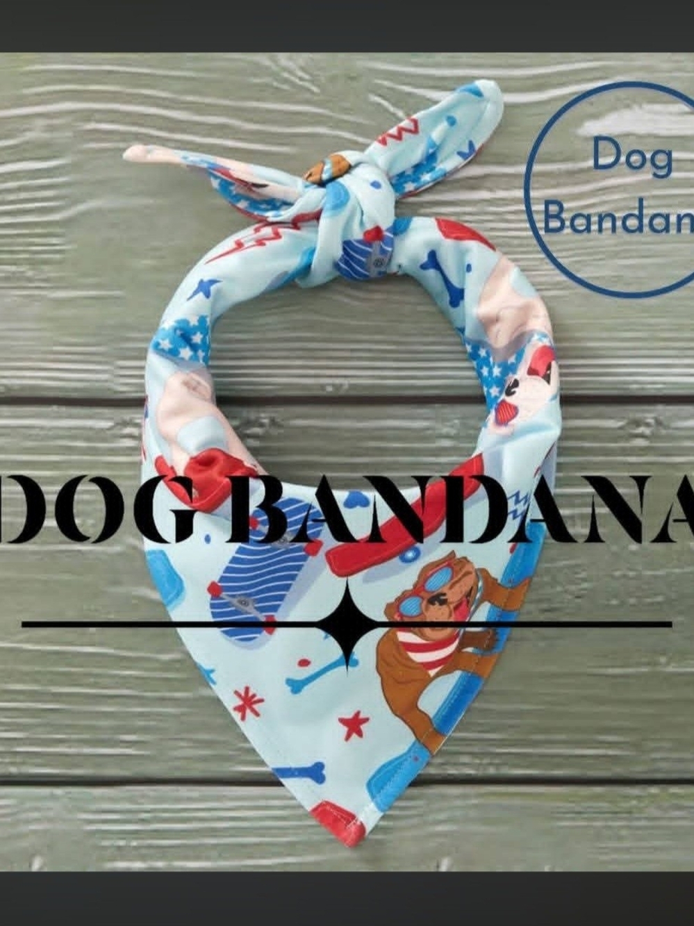 "Patriotic Light Blue Dog Bandana with Puppy Print P+L=PLUSH CLOUD SOFT FAB 🐾🐶